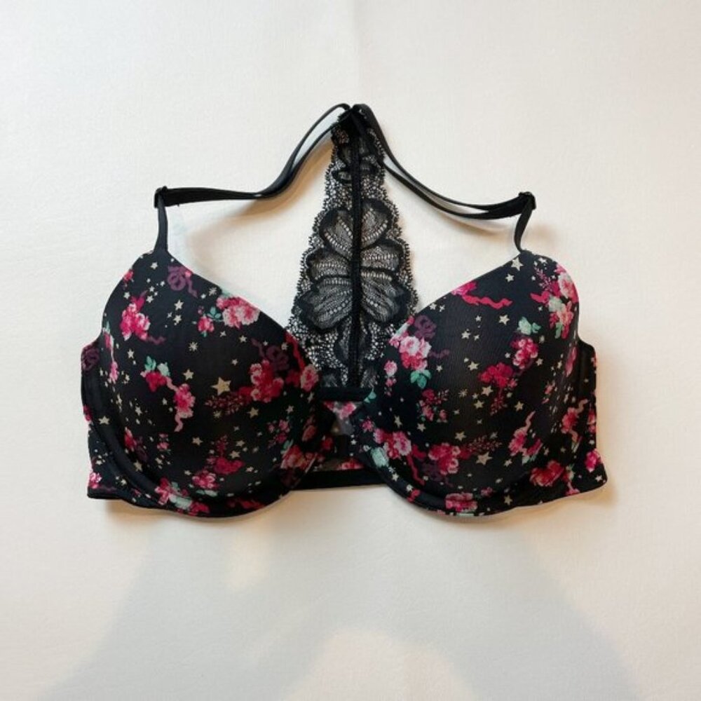 NWOT Victoria's Secret Bra 32D Racerback Demi Black Floral Front Closure